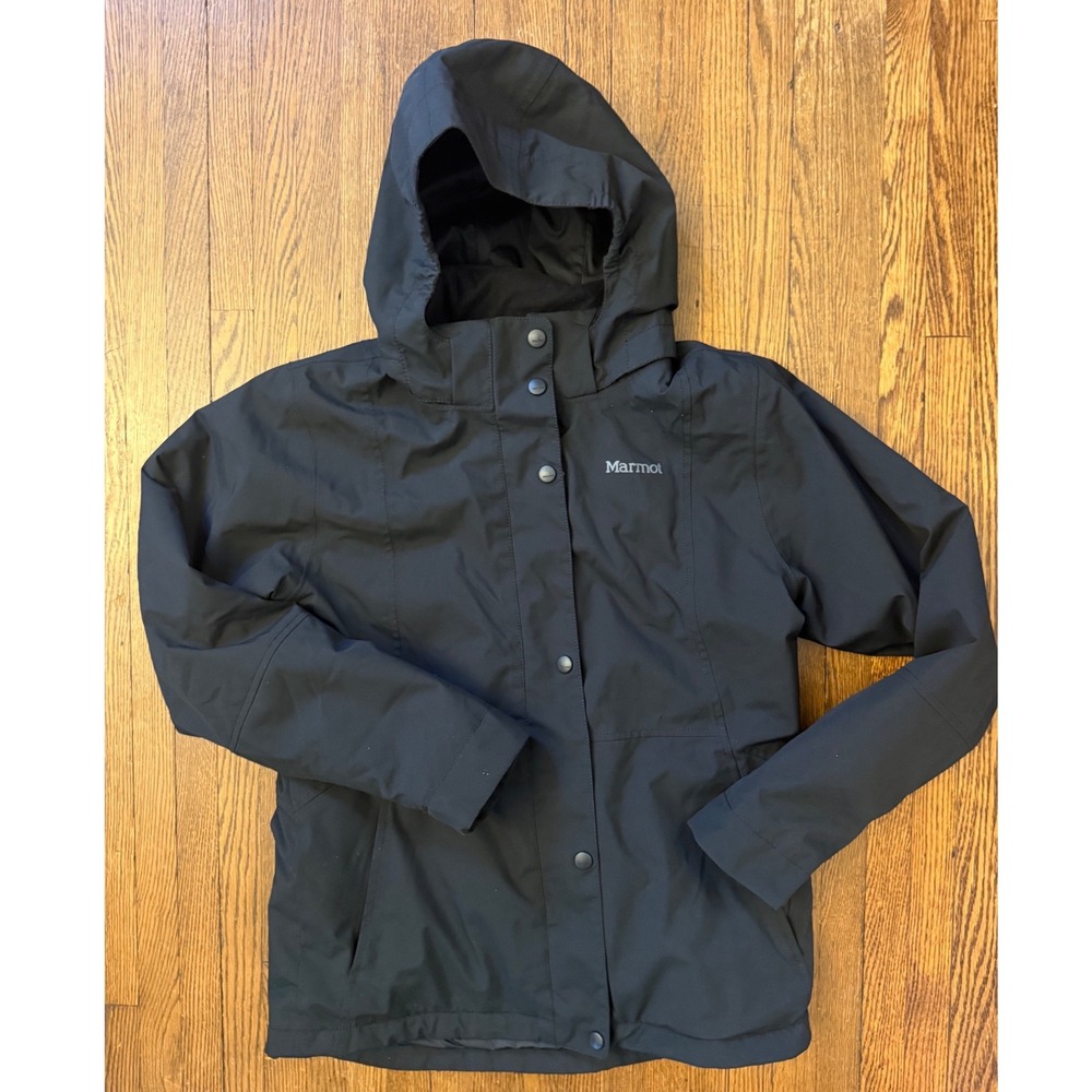 Marmot Kids XL Black Hooded Ski Jacket Waterproof Winter Coat with Powder Skirt